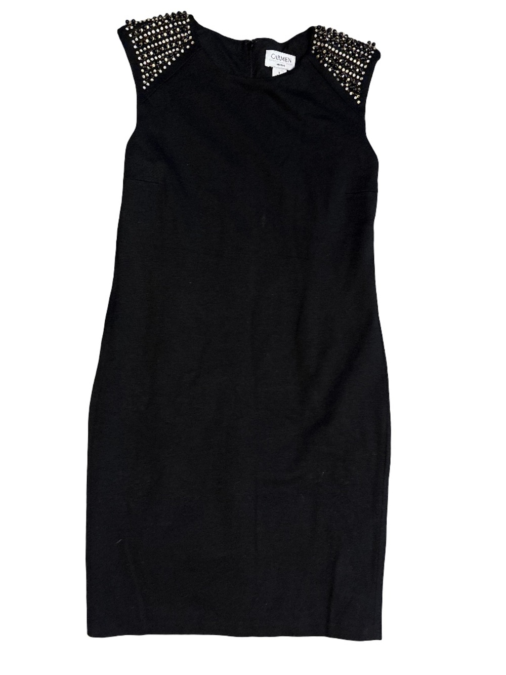 Carmen Marc Valvo Black Mini Dress with Studded Shoulders